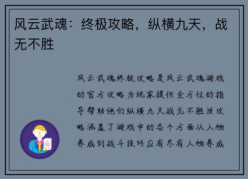 风云武魂：终极攻略，纵横九天，战无不胜